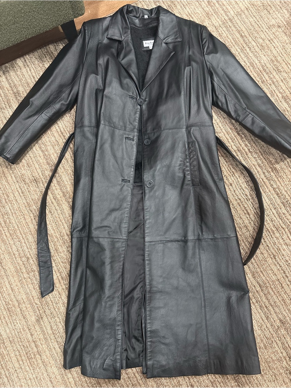 Woolrich Black Leather Long Trench Coat with Waist Tie